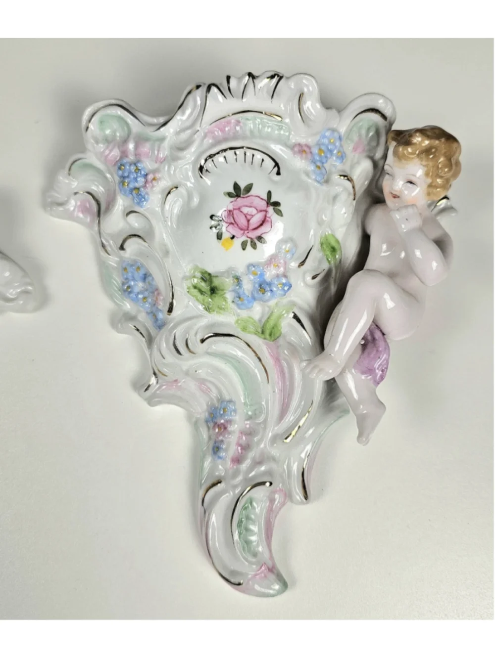 Vintage L&M Inc Porcelain Cherub Wall Pocket Vases Pair Pink Rose Flowers Gold